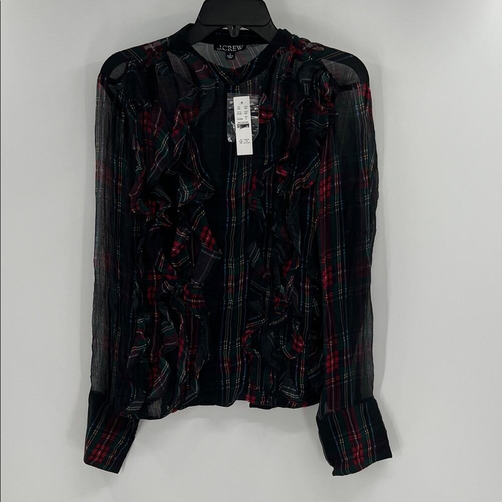J. Crew Women's Ruffle-front top in tartan crinkle cupro - Black/Plaid - 8 - NWT